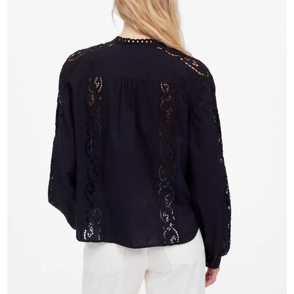 Madewell Lace-Inset Pintucked Button-Up Top Womens M Black Long Sleeve Eyelet - Picture 2 of 8